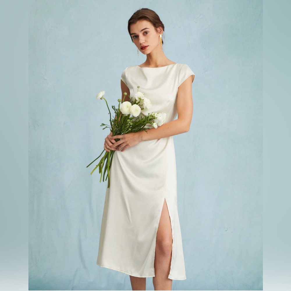 NWT RIHOAS Satin Cap Sleeve Sheath Slit Midi Dress Sz S